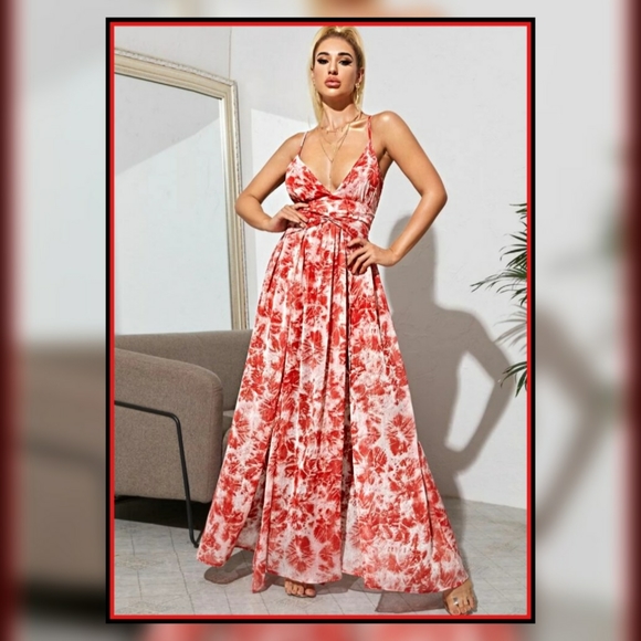 BACKLESS SLEEVELESS MAXI DRESS | Tie Dye Twist M-Slit Hem Chiffon Slip Dress S - Picture 4 of 7